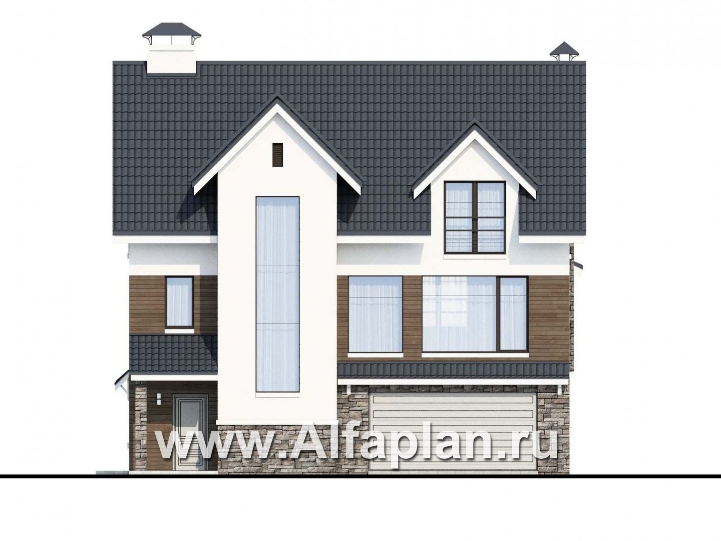 Проекты домов Альфаплан - «Альпина» - трехэтажный коттедж с гаражом для маленького участка - изображение фасада №1