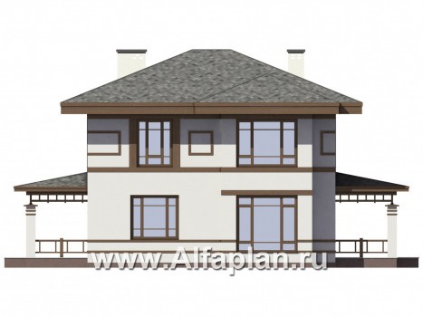 Проект двухэтажного дома, планировка с террасой со стороны входа и со стороны двора, с эркером и с гаражом - превью фасада дома
