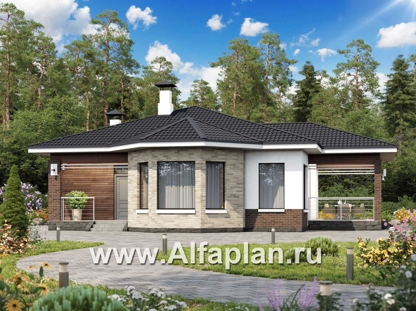 Проекты домов Альфаплан - «Гемера» - стильный одноэтажный дом с эркером и террасой - основное изображение