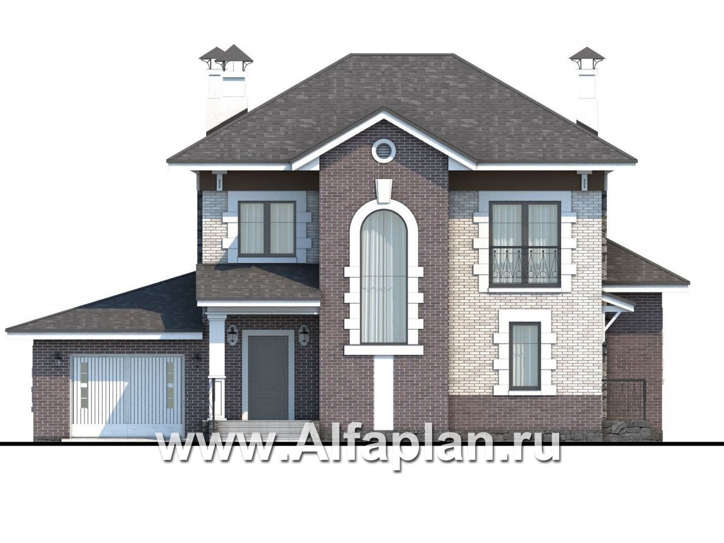 Проекты домов Альфаплан - «Равновесие» - изящный коттедж с террасами и гаражом - изображение фасада №1