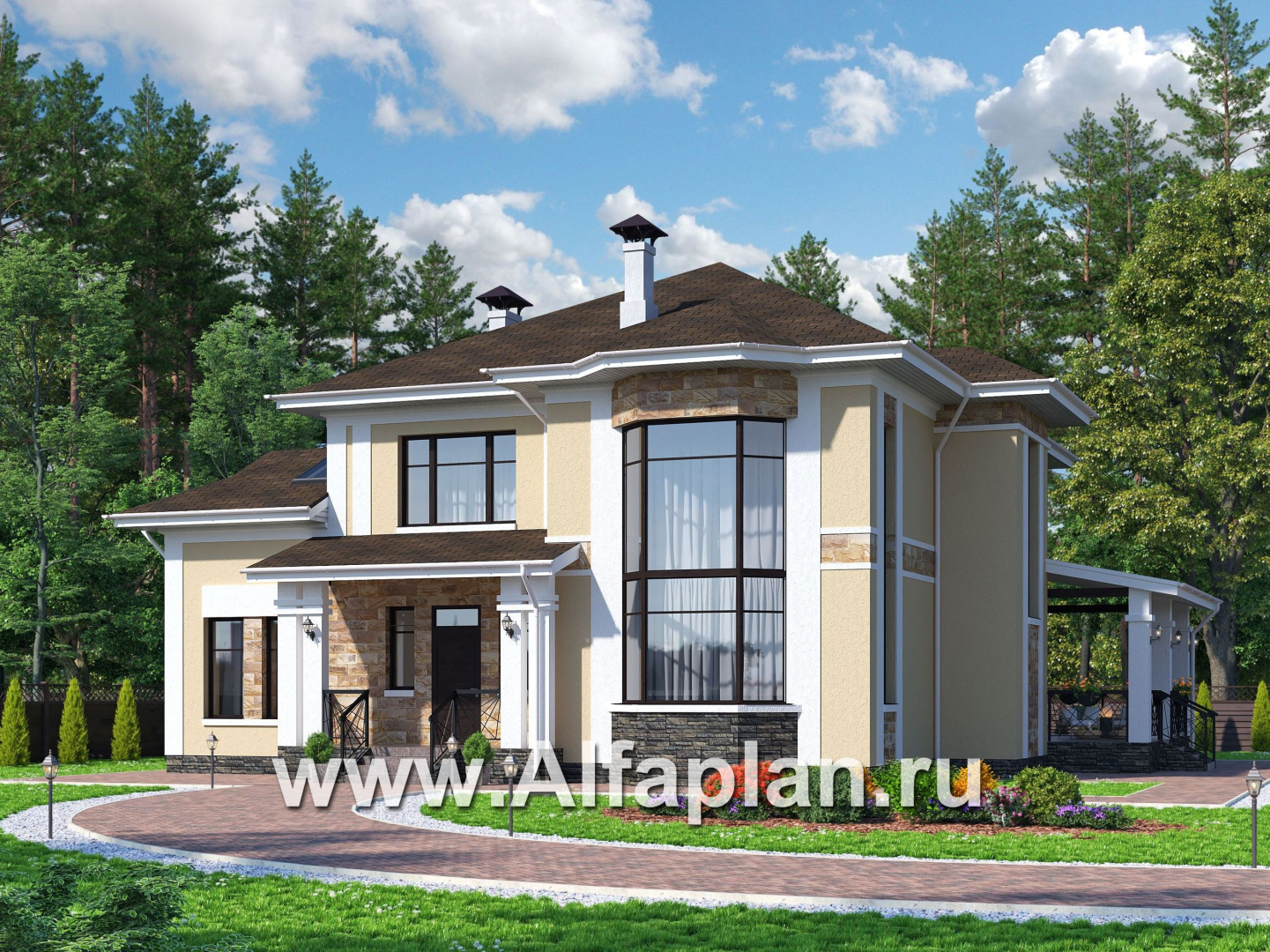 Проекты домов Альфаплан - Особняк с двусветным эркером гостиной - основное изображение