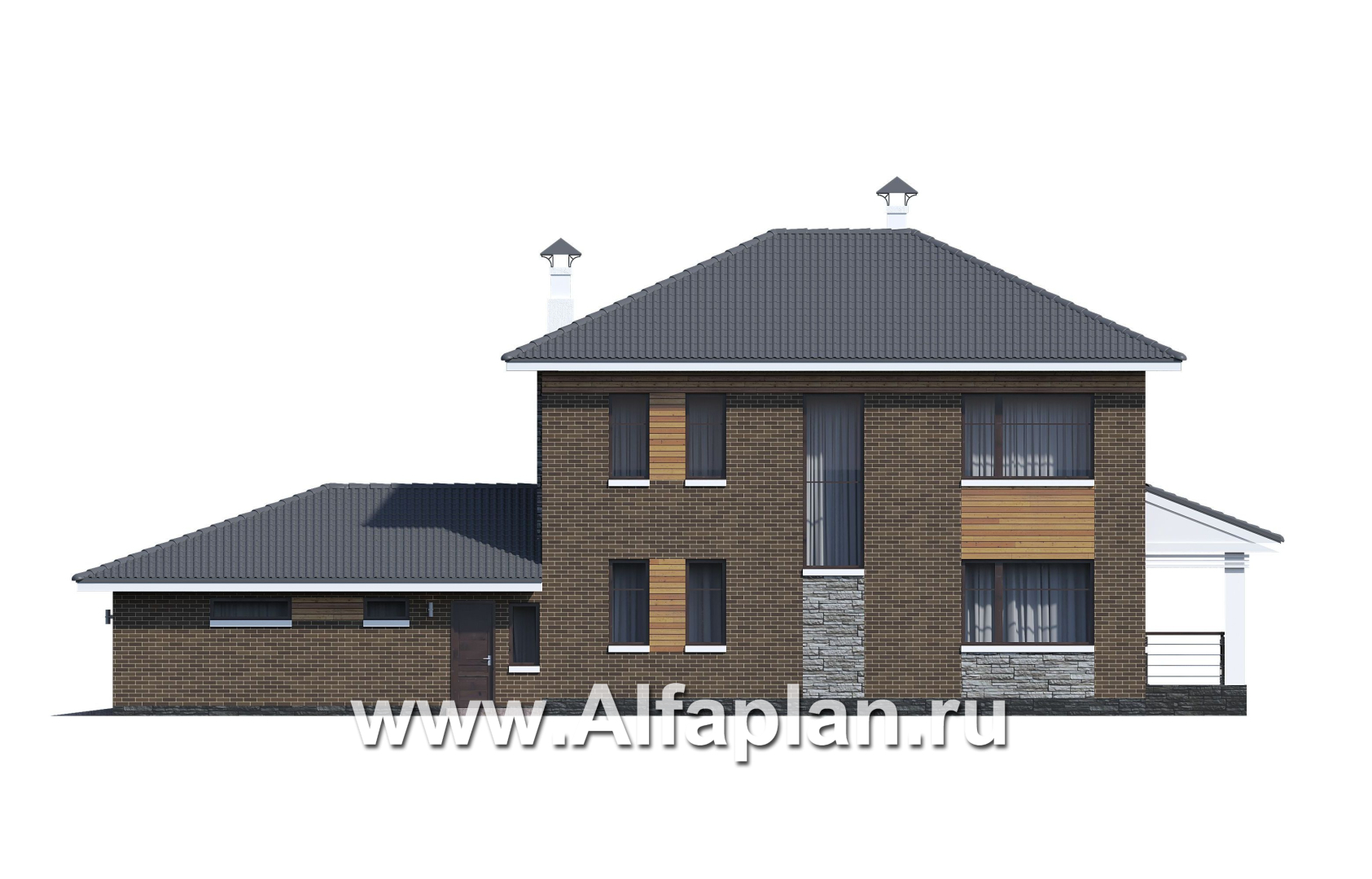 Проекты домов Альфаплан - «Летний вечер» - современный двухэтажный коттедж с гаражом на два автомобиля - изображение фасада №4