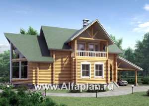 Проекты домов Альфаплан - «Новая Традиция» — деревянный дом с треугольной верандой - превью основного изображения