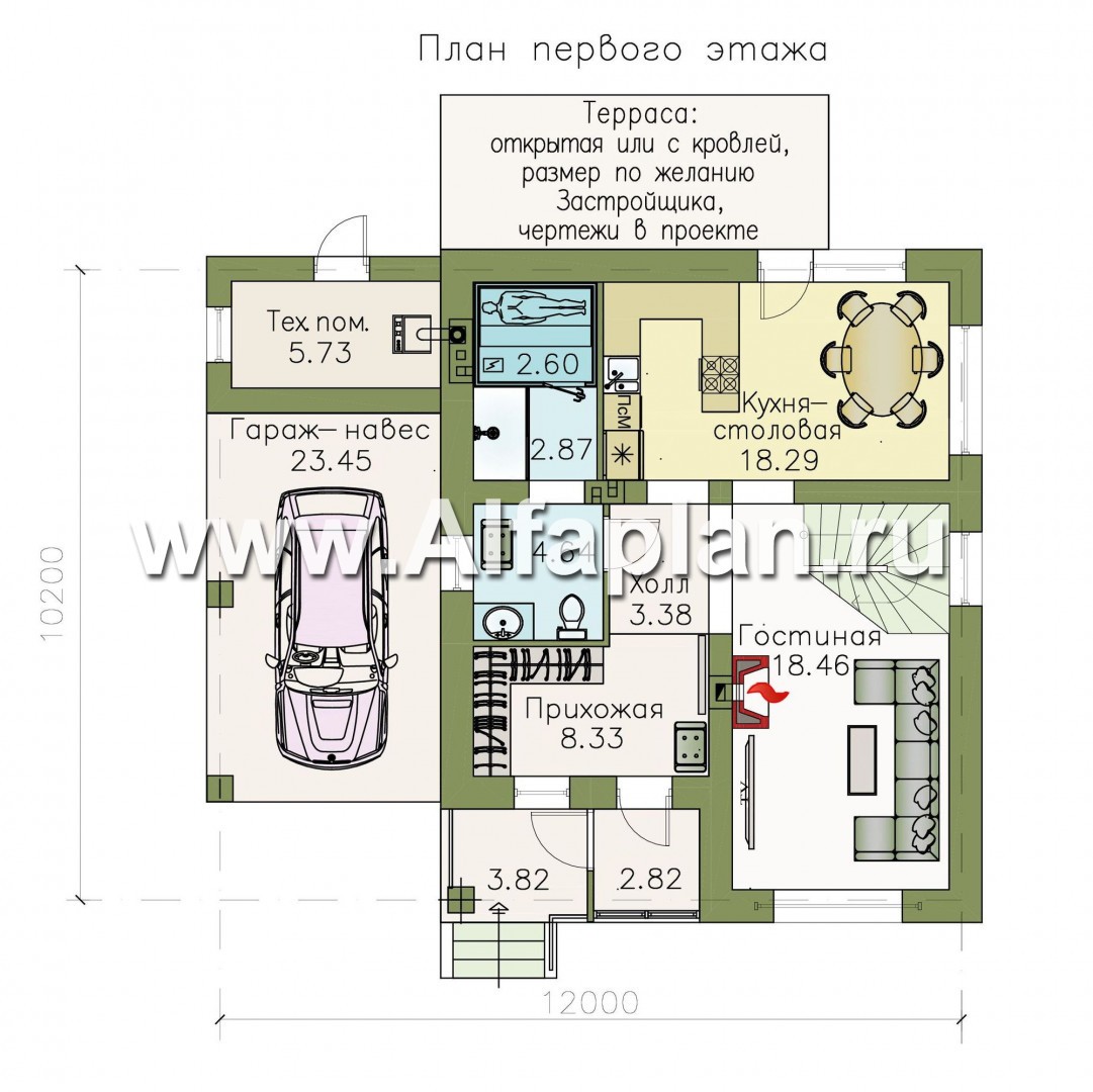 Проекты домов Альфаплан - «Бухта счастья» - двухэтажный дом с навесом для машины - изображение плана проекта №1