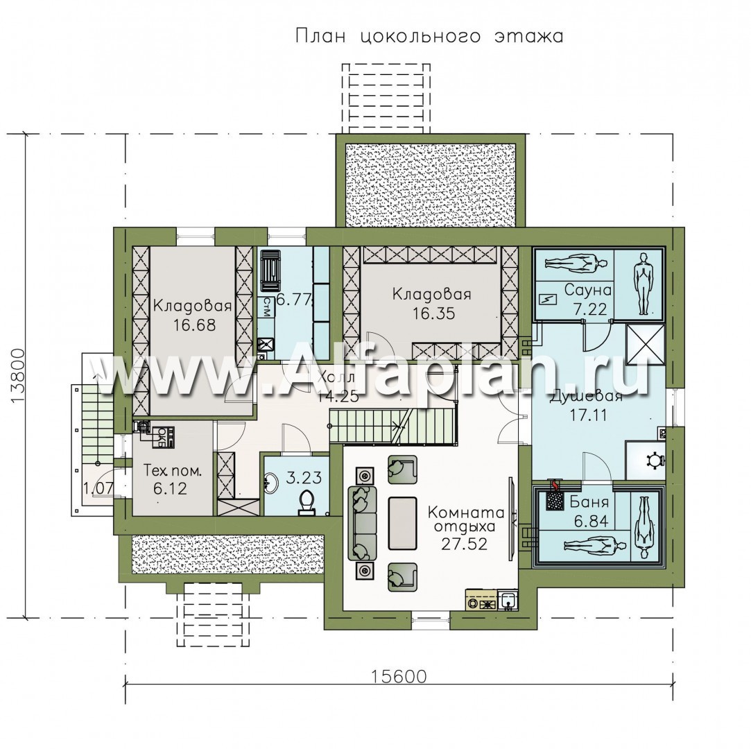 Проекты домов Альфаплан - «Волга» - коттедж с цоколем, тремя жилыми комнатами на 1 этаже и жилой мансардой - план проекта №1