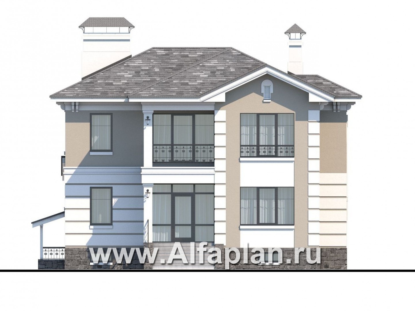Проекты домов Альфаплан - «Репутация»- аристократический коттедж из блоков с цоколем - изображение фасада №1