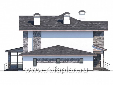 Проекты домов Альфаплан - «Снежная страна» - изящный коттедж с террасами и гаражом - превью фасада №3
