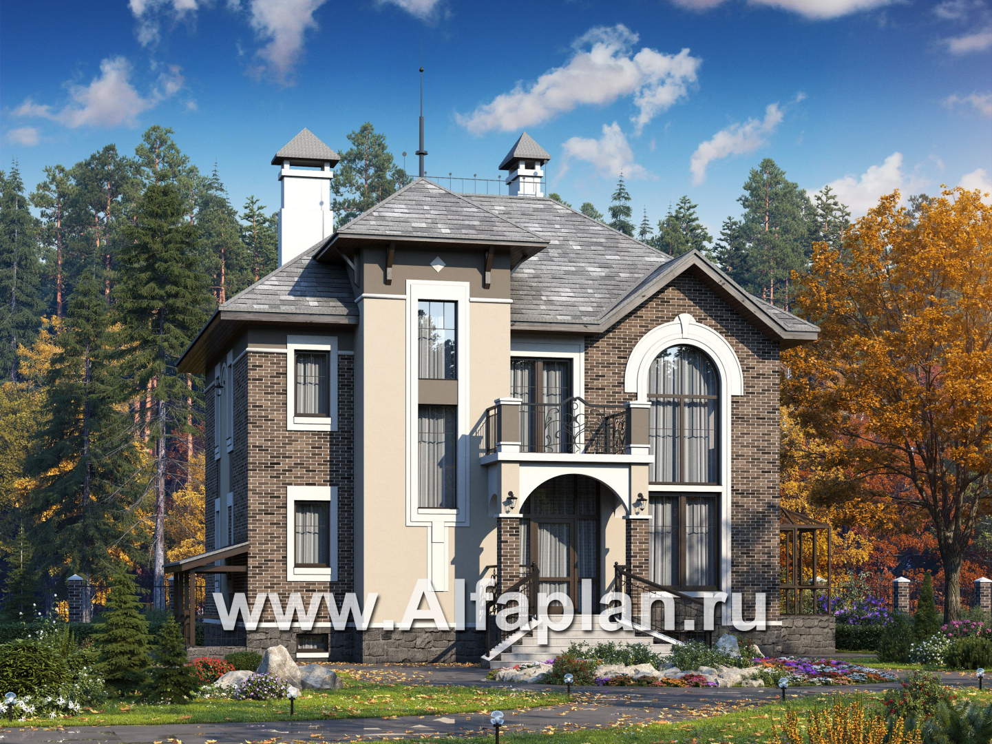 Проекты домов Альфаплан - «Разумовский» - элегантный коттедж с цоколем - основное изображение