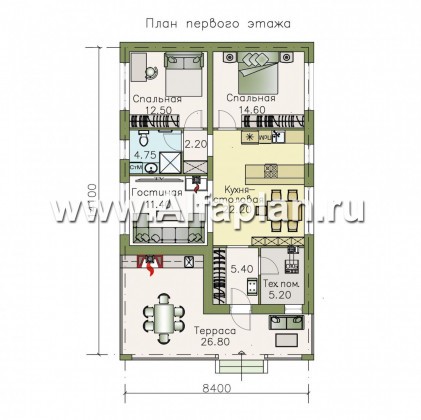 Проекты домов Альфаплан - «Мелета» - уютный одноэтажный дом с двумя спальнями - превью плана проекта №1