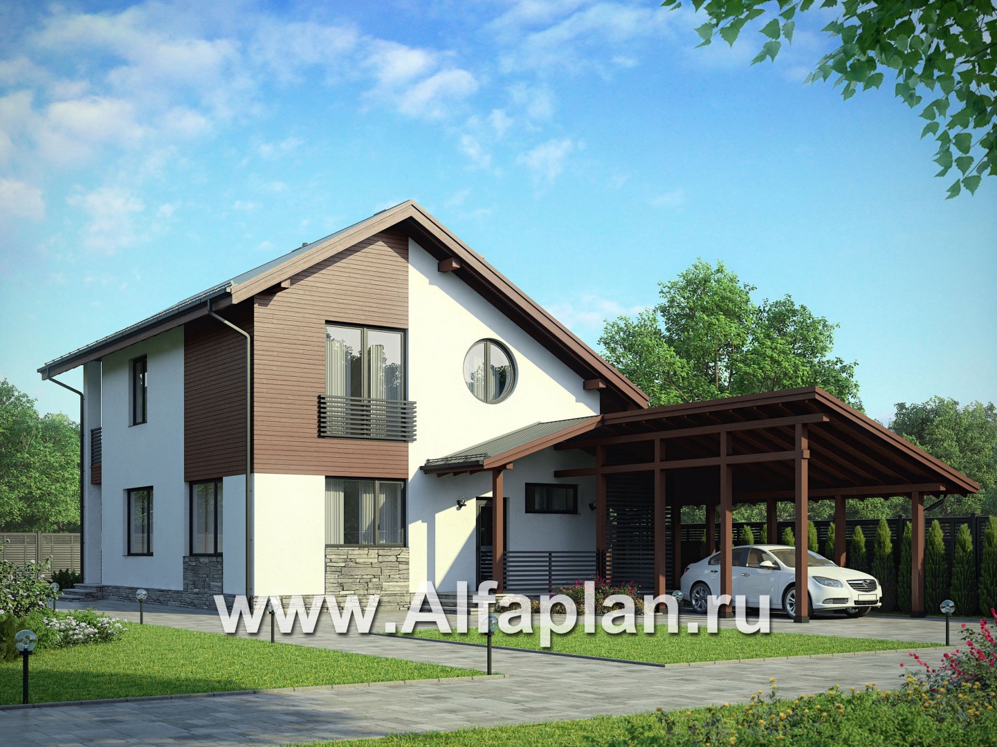 Проект двухэтажного дома,  с навесом на 1 авто, в современном стиле - основное изображение