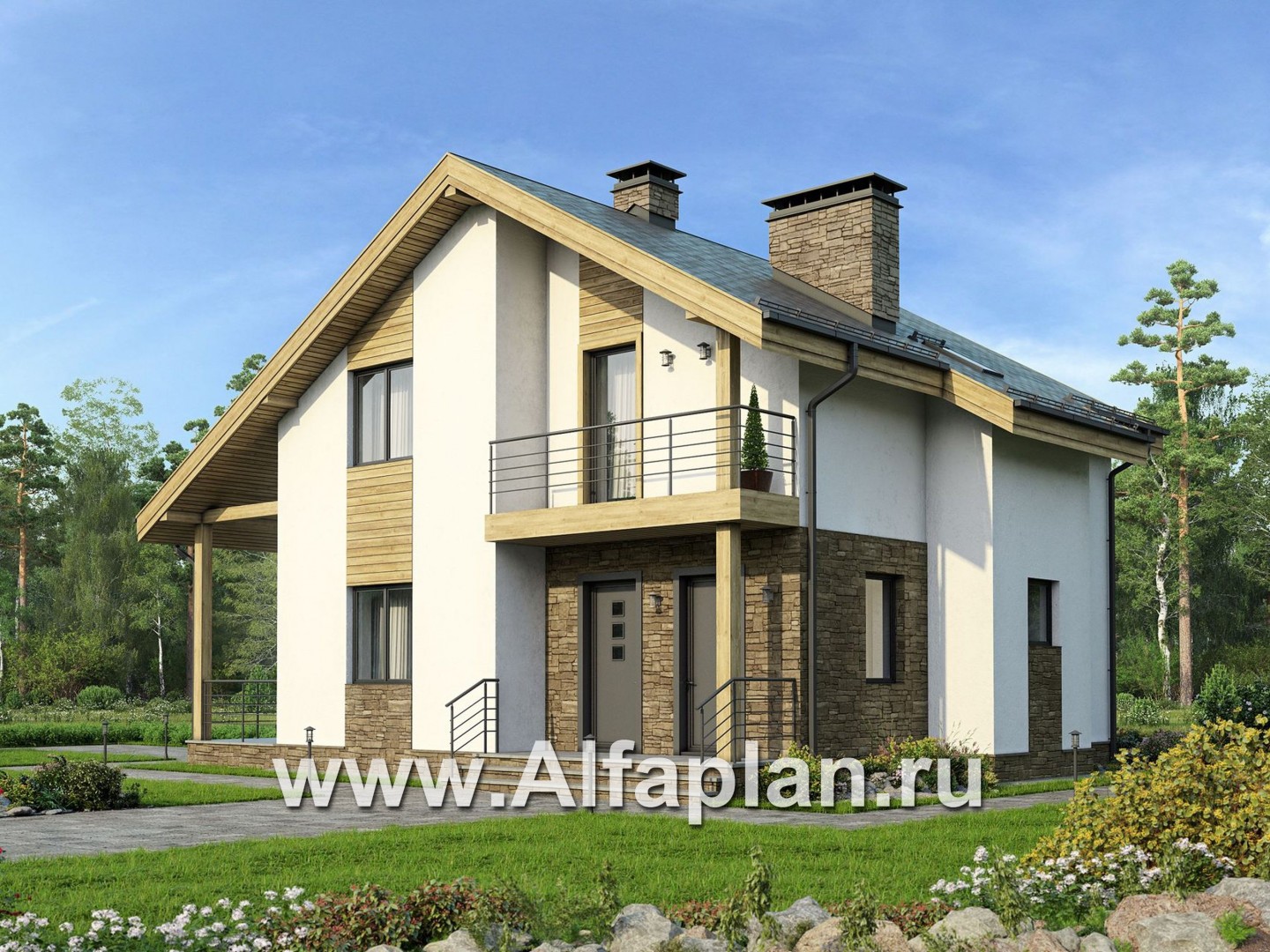 Проекты домов Альфаплан - Проект современного мансардного кирпичного дома - дополнительное изображение №1