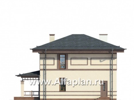 Проект двухэтажного дома, планировка с террасой со стороны входа, с эркером - превью фасада дома