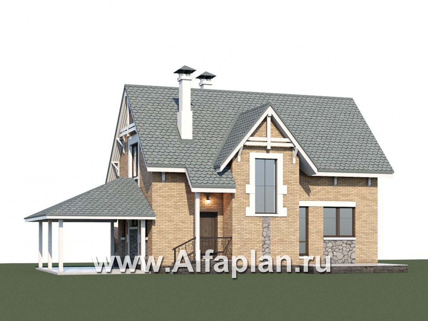 Проекты домов Альфаплан - Коттедж из кирпича «Семейное гнездо» с навесом для машины - дополнительное изображение №1