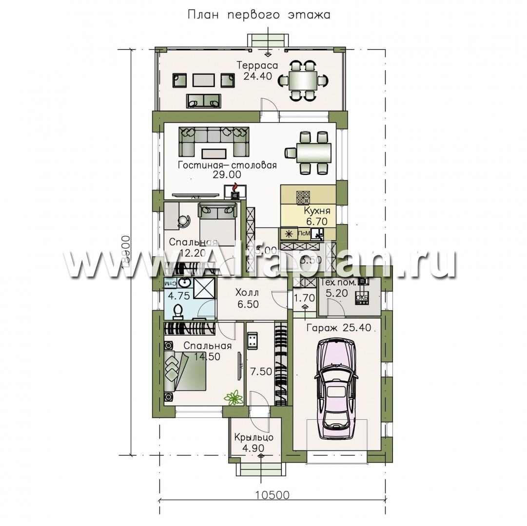 Проекты домов Альфаплан - «Каллиопа» - одноэтажный дом с террасой и гаражом (две спальни) - изображение плана проекта №1