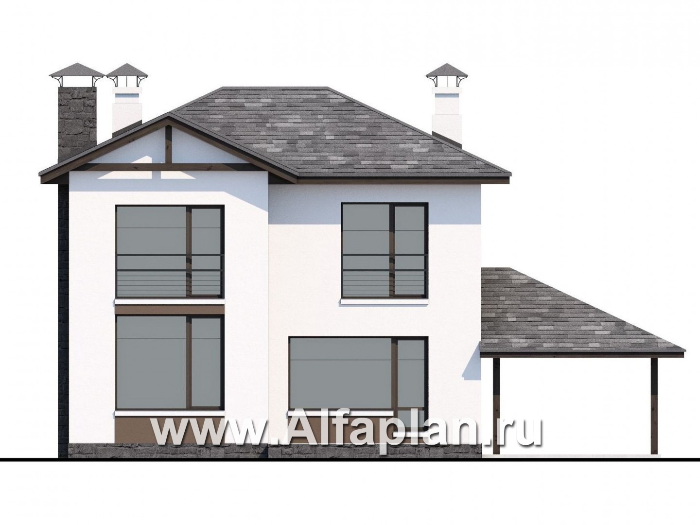 Проекты домов Альфаплан - Кирпичный дом «Панорама» с гаражом навесом - изображение фасада №4