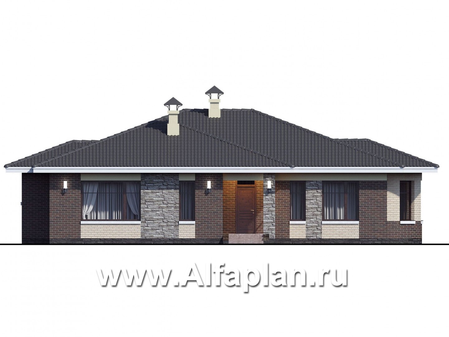 Проекты домов Альфаплан - «Вуокса» - одноэтажный дом с просторной гостиной-столовой - изображение фасада №1