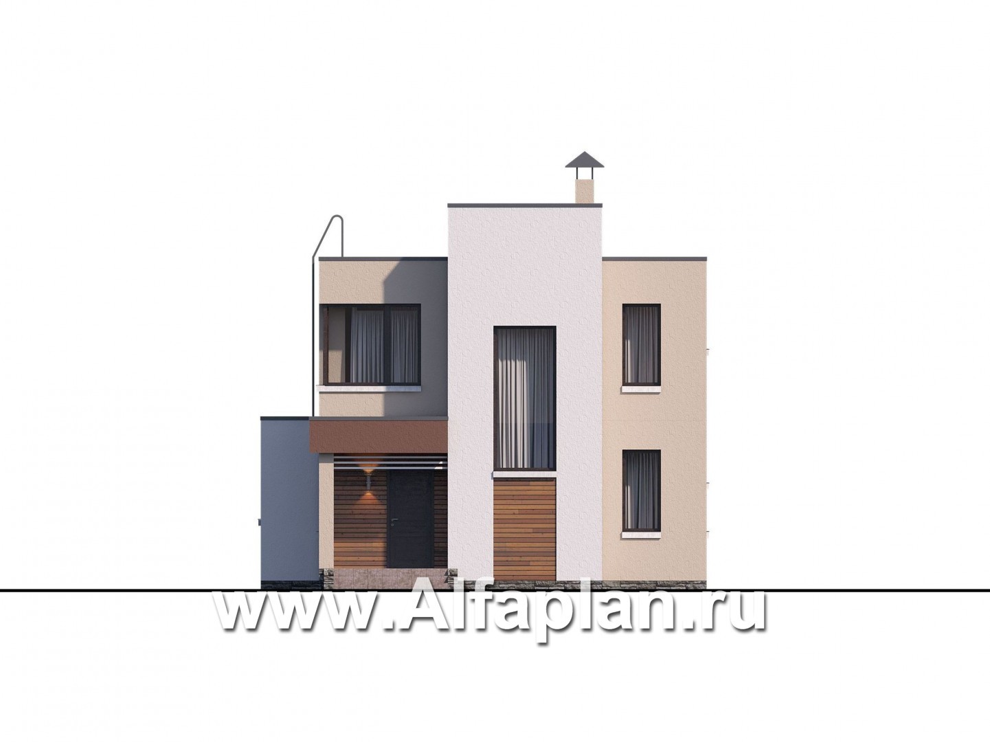 Проекты домов Альфаплан - «Рациональ» - проект двухэтажного дома, в современном стиле, с плоской кровлей - изображение фасада №1