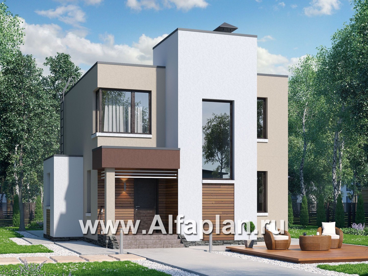 Проекты домов Альфаплан - «Рациональ» - проект двухэтажного дома, в современном стиле, с плоской кровлей - основное изображение