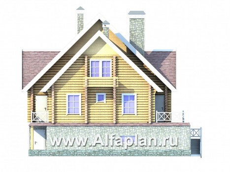Проект дома с мансардой из бревен, с цокольным этажом, гараж и сауна   цоколе - превью фасада дома