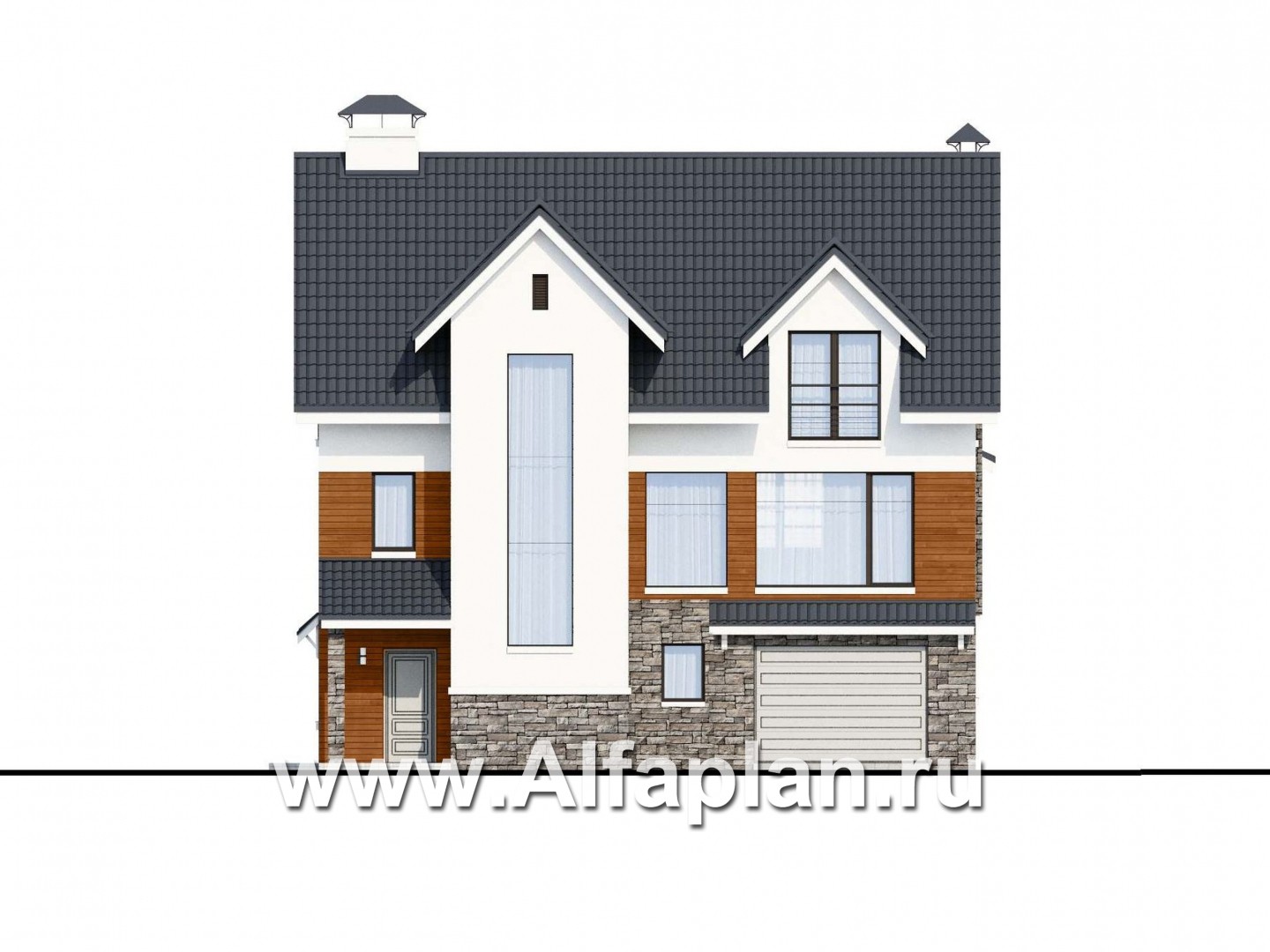 Проекты домов Альфаплан - «Альпина» - трехэтажный коттедж с гаражом для маленького участка - изображение фасада №1