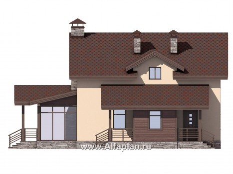 Проект дома с мансардой, планировка с террасой и сауной - превью фасада дома
