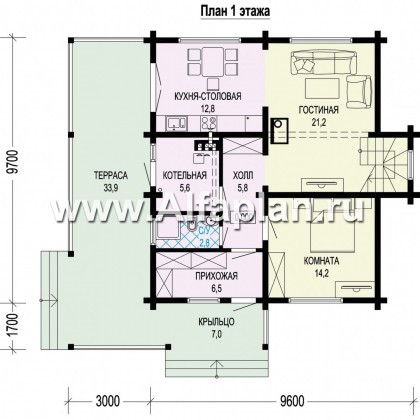 Проекты домов Альфаплан - Двухэтажный деревянный дом с террасой - превью плана проекта №1