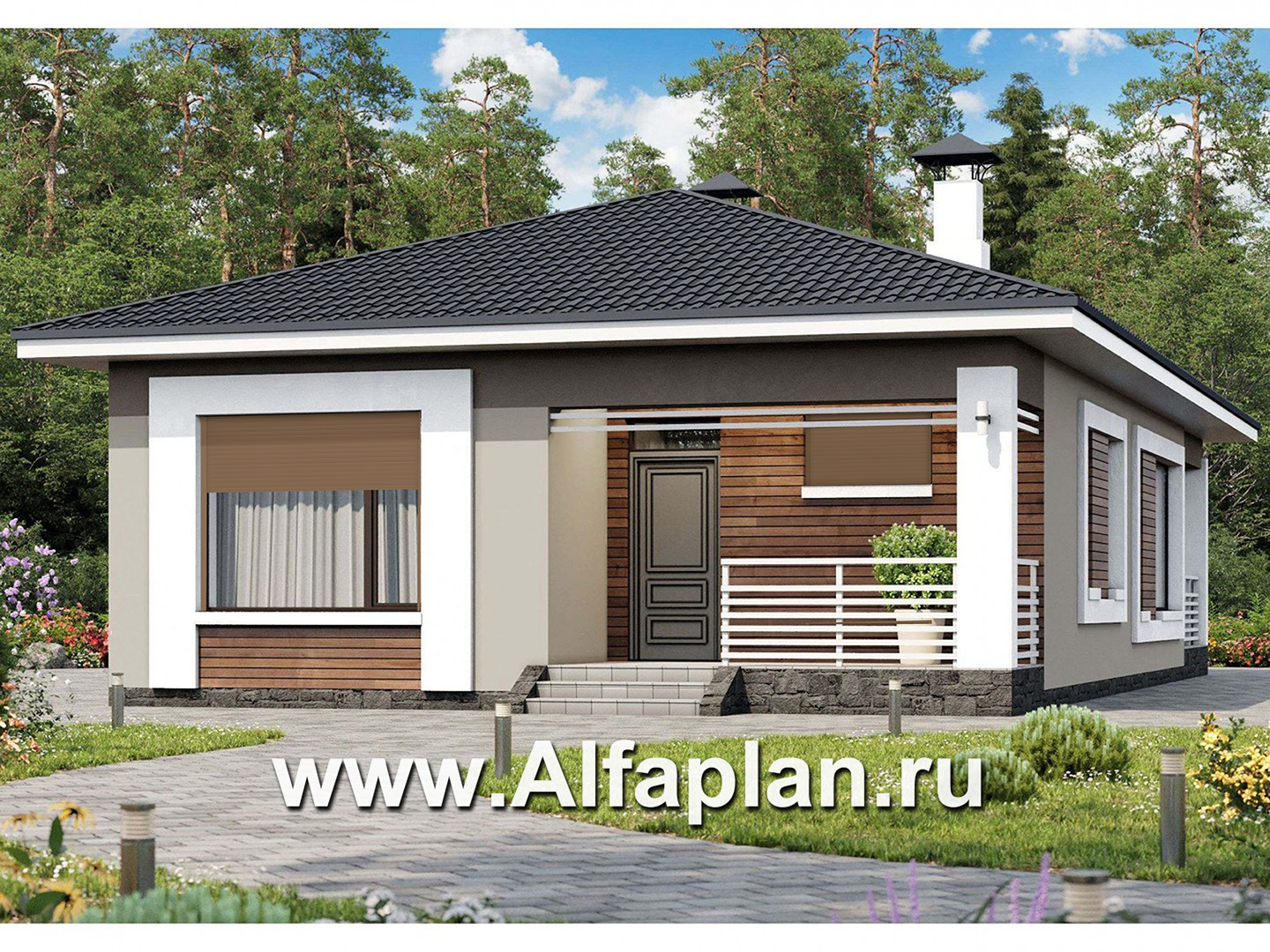Проекты домов Альфаплан - «Каллиопа» - проект одноэтажного дома из кирпича для узкого участка с тремя спальнями - основное изображение