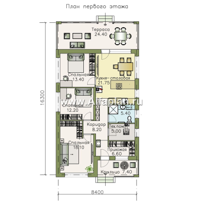 Проекты домов Альфаплан - «Каллиопа» - проект одноэтажного дома из кирпича для узкого участка с тремя спальнями - превью плана проекта №1