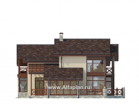 Проект дома с мансардой, планировка с кабинетом на 1 эт и навесом на 1 авто, с угловой террасой - превью фасада дома