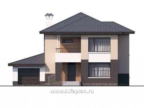 «Ирида» - проект двухэтажного дома с балконом и с террасой, планировка с кабинетом на 1 эт, с гаражом на 1 авто - превью фасада дома
