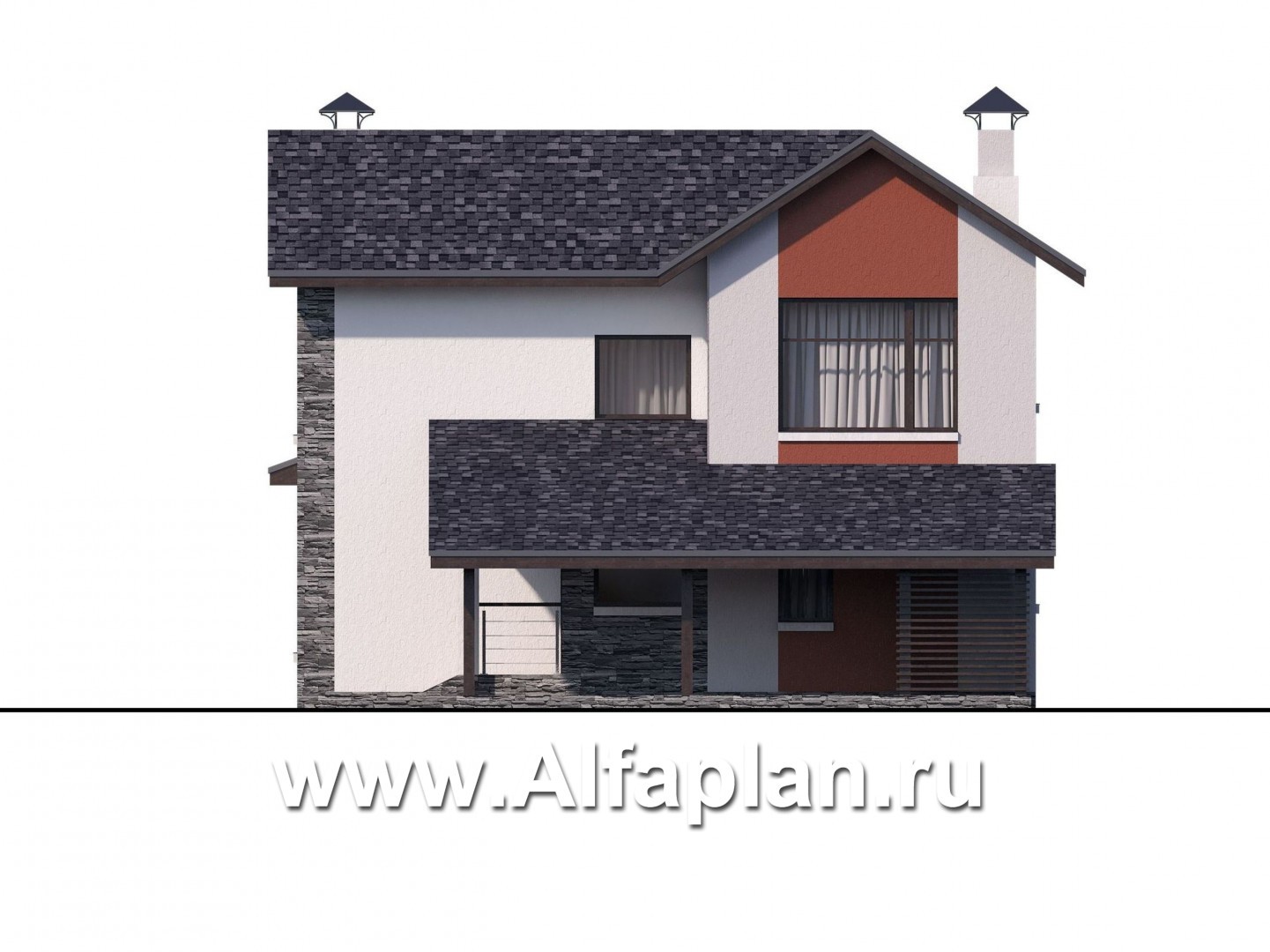Проекты домов Альфаплан - Стильный компактный дом с гаражом-навесом - изображение фасада №2